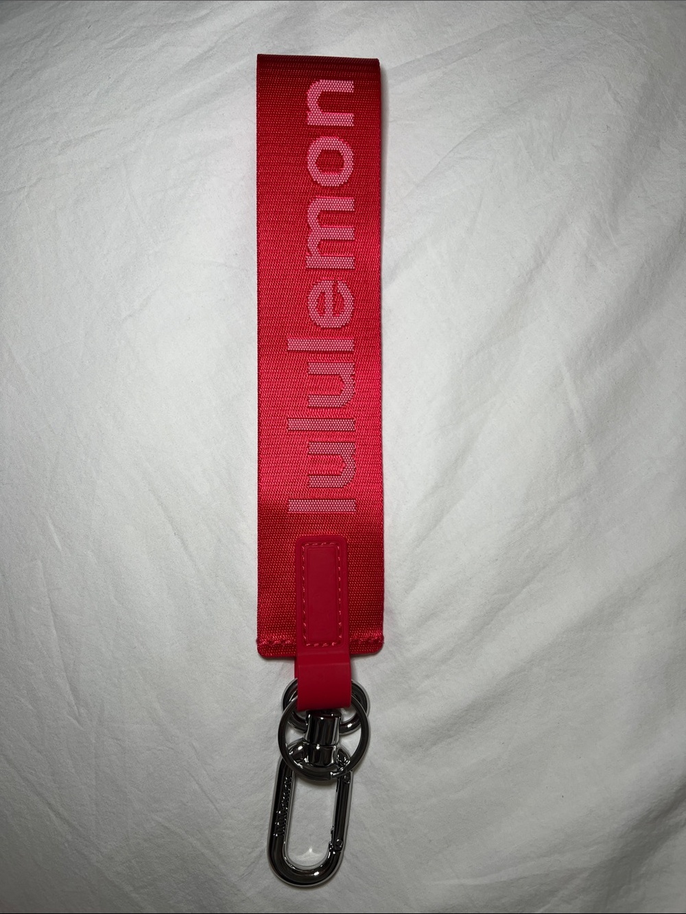 Lululemon Red Strap Keychain with Silver Hardware
